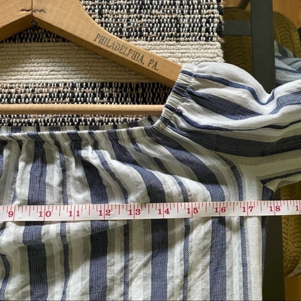 Lulu’s Along the Tides Navy Blue Striped Off-the-Shoulder Mini Dress Bell Sleeve - Picture 7 of 13